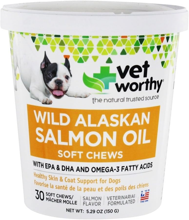 Vet Worthy Lachsöl Haut und Mantel Weiche Chews für Hunde - Hunde-Ergänzung gesunden Haut und schönen Mantel - Fischöl-Ergänzung mit Omega 3 Fettsäuren - Lachs Flavor - 30 Weiche Chews