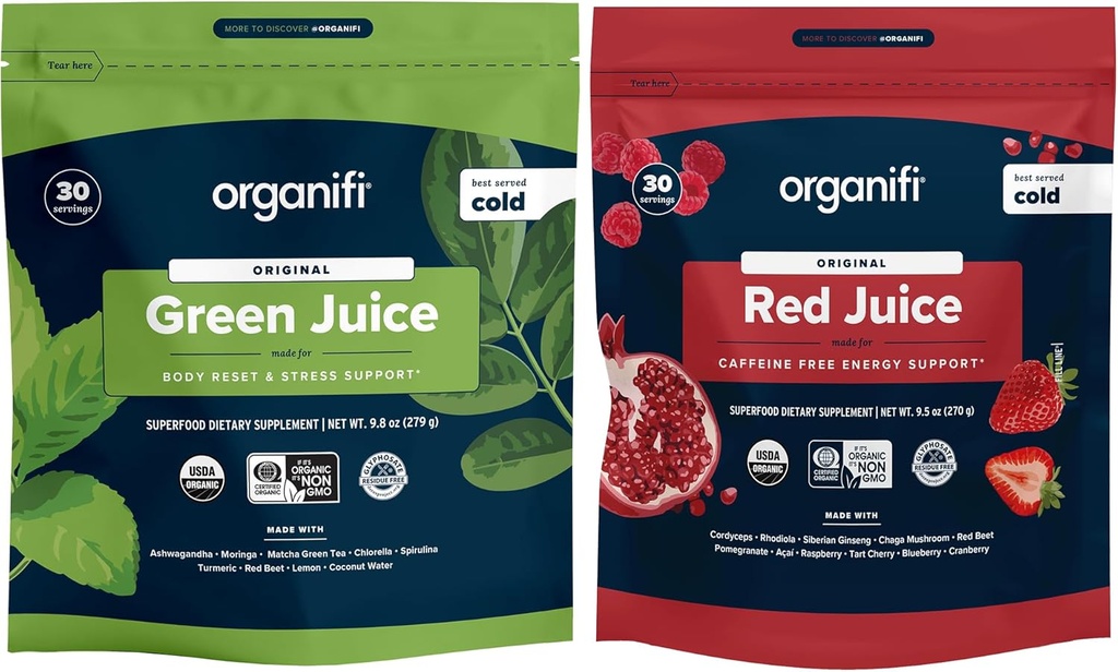 Organifi Green Juice und Red Juice Bundle - 30-Tage-Versorgung - Delicious, Refreshing Organic Superfood Supplement Pulver mit Antioxidantien für Energie und Stress-Relief-Unterstützung - No GMO, Gluten oder Soy