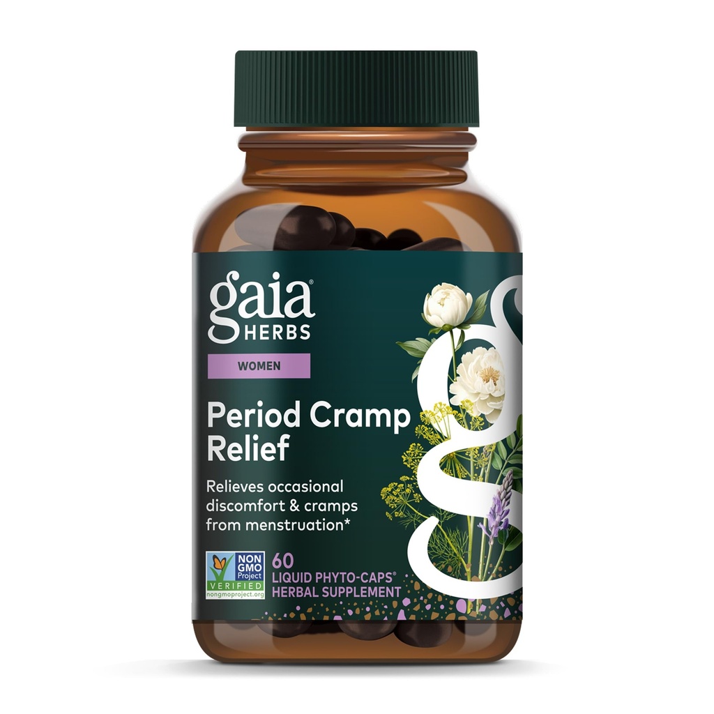 Gaia Kräuter Cramp Relief - Kräuterergänzung für Hormon Balance & Period Cramp Relief - Hergestellt mit Bio-Licorice-Root, Weiße Peony-Root, Turmeric & More - 60 Vegan-Kapseln (60 Servietten)