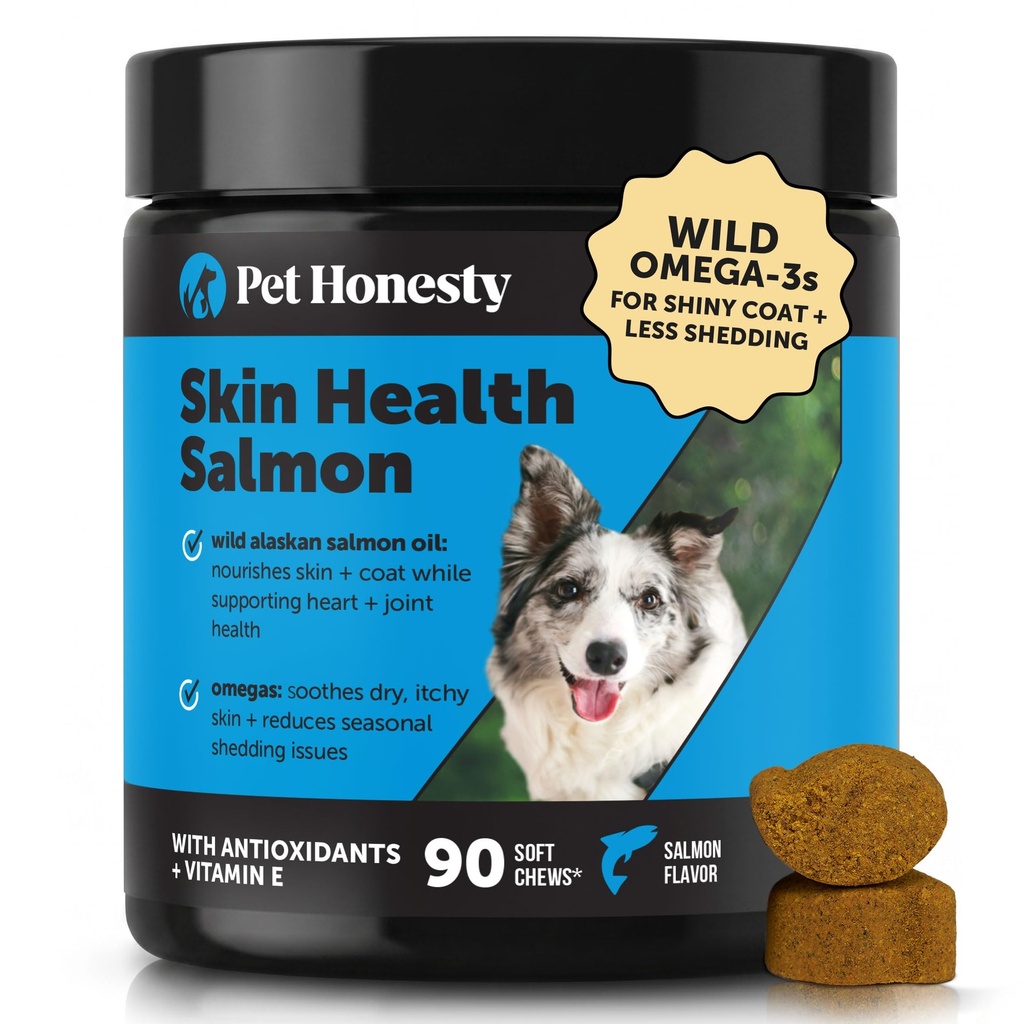 Pet Honesty Skin Gesundheit Lachs Chews - Itch Relief für Hunde, Omega 3 Fischöl für Hunde, Natürliches Lachsöl für Hunde Chews für gesunde Haut & Coat, Mai Reduzieren Sie Shedding, Hund Fisch Öl Ergänzungen - 90 Ct