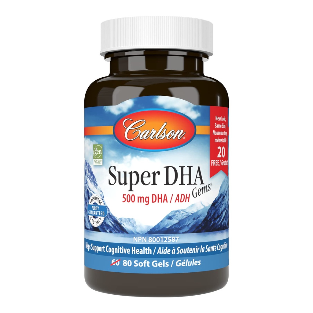 Carlson - Super DHA Gems, 500 mg DHA-Ergänzungen, 640 mg Fatty Acids, Wild-Caught Norwegian Arctic Fish Oil Concentrate, Sustainable Sourced Nordic Fish Oil Capsules, 60+20 Softgels