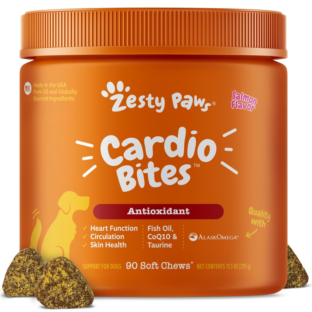 Zesty Paws Herz-Kreislauf-Unterstützung für Hunde - Taurine für Hunde - mit CoQ10, L Carnitine & Sea Buckthorn - Senior Heart Health - AlaskOmega Fish Oil Omega 3 - Senior - Lachs - 90 Count
