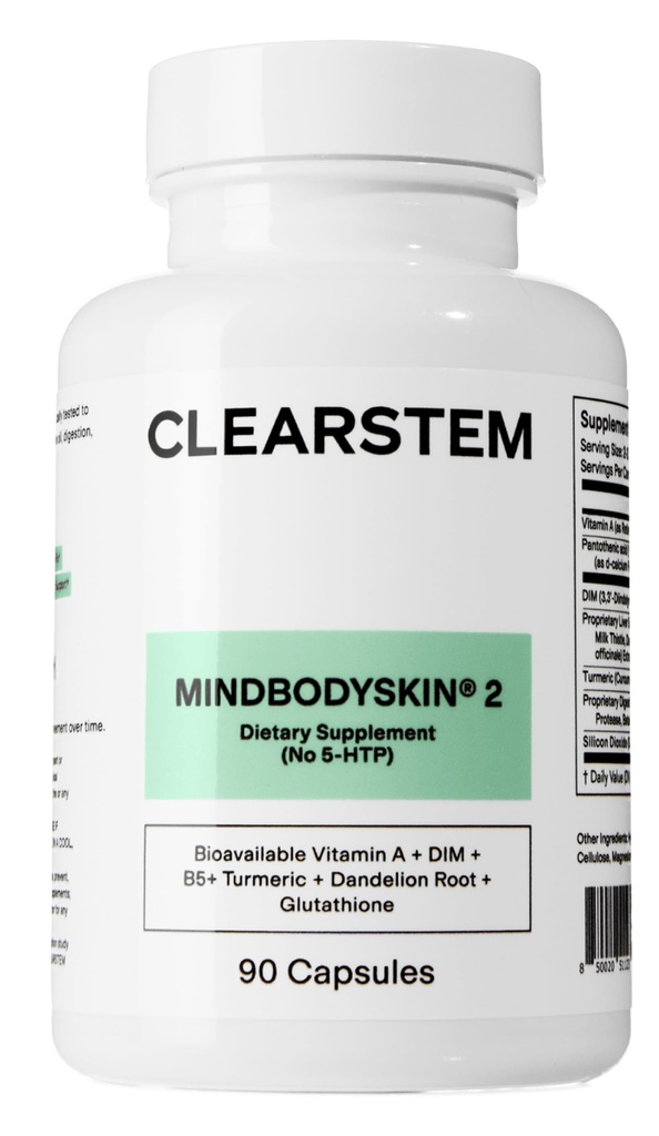 CLEARSTEM - MINDBODYSKIN Hormonale Akne-Ergänzung (No 5-HTP) - Natürliche DIM-Ergänzung - Hautpflege Vitamine - Hormone Balance, Antioxidantien - Glutenfrei, Cruelty Free - 30 Portionen, 90 Kapseln