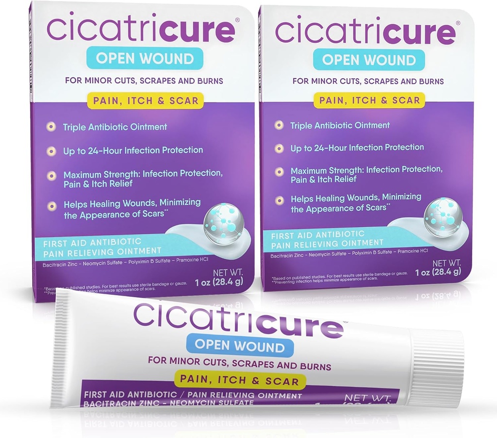 Cicatricure Triple Antibiotische Salbe mit Schmerzlinderung, Bacitracin Antibiotische Salbe & Creme für Wund Pflege, Heilung Salbe für Schnitte, Burns, Insektenstiche, Erste Hilfe liefert essentiell, 1 Unze