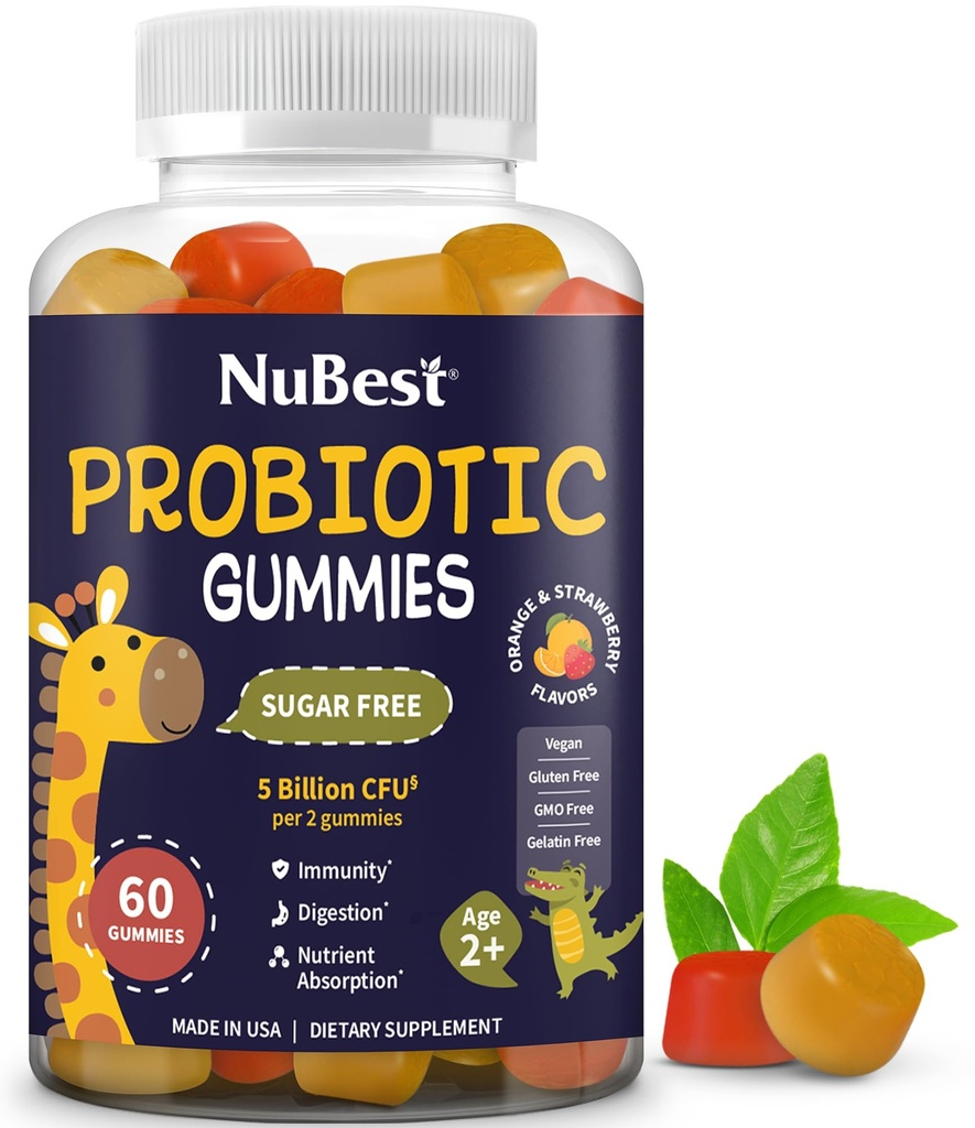 NuBest Daily Probiotic Gummies for Kids & Teens with 5 Billion CFUs | Supports Immune, Gut, and Digestive Health | No Added Sugar | Yummy Strawberry & Orange Flavors | 60 Premium Vegan Gummies