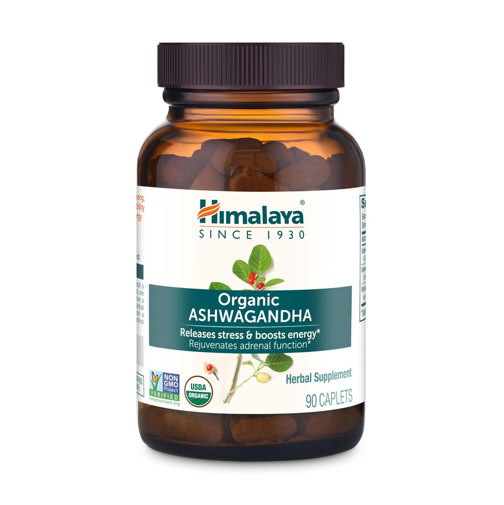 Himalaya Organic Ashwagandha, 90-Tage-Versorgung, Kräuter-Ergänzung für Stress-Relief, Energie-Unterstützung, okziale Schlaflosigkeit, USDA Certified Organic, Non-GMO, Vegan, Gluten Free, 670 mg, 90 Caplets