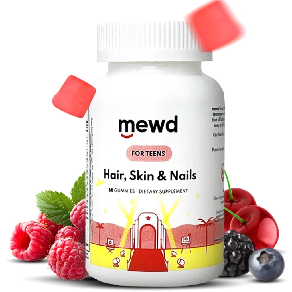 MEWD Teen and Kids Hair, Skin+Nails Daily Multivitamin Gummy Strengthener Formula - Kaubare Vitamin-Ergänzungen mit Biotin, Zink,Vitamins A, B, & D3 für Mädchen & Jungen, 60, Made in USA