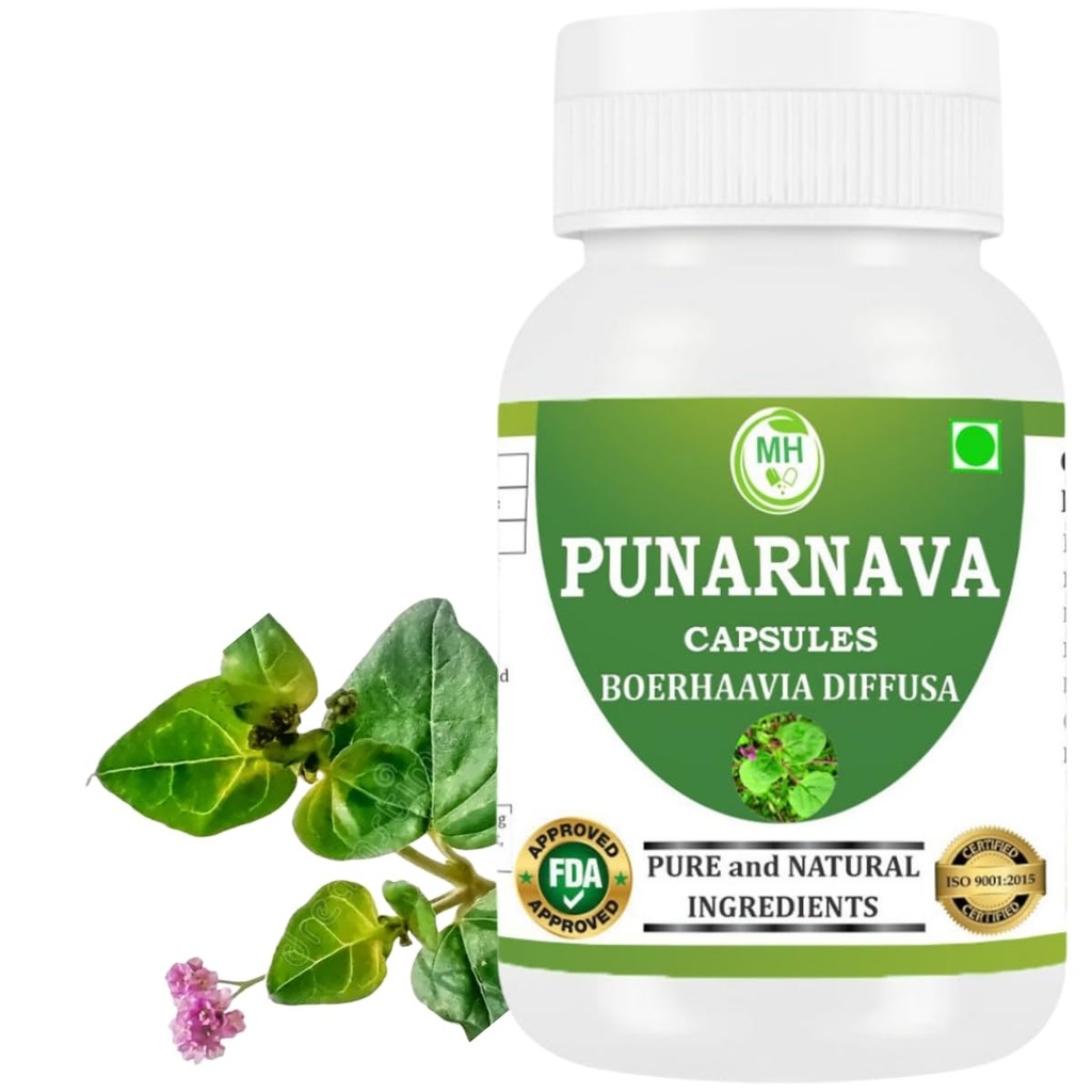 Punarnava Kapseln (Boerhaavia Diffusa) 500mg – 60 Veg Kapseln | Kräuter-Wellness-Ergänzung für natürliche Nieren- und Leberunterstützung | Pflanzenbasierte Detox & Cleansing Formel | Paket von 1