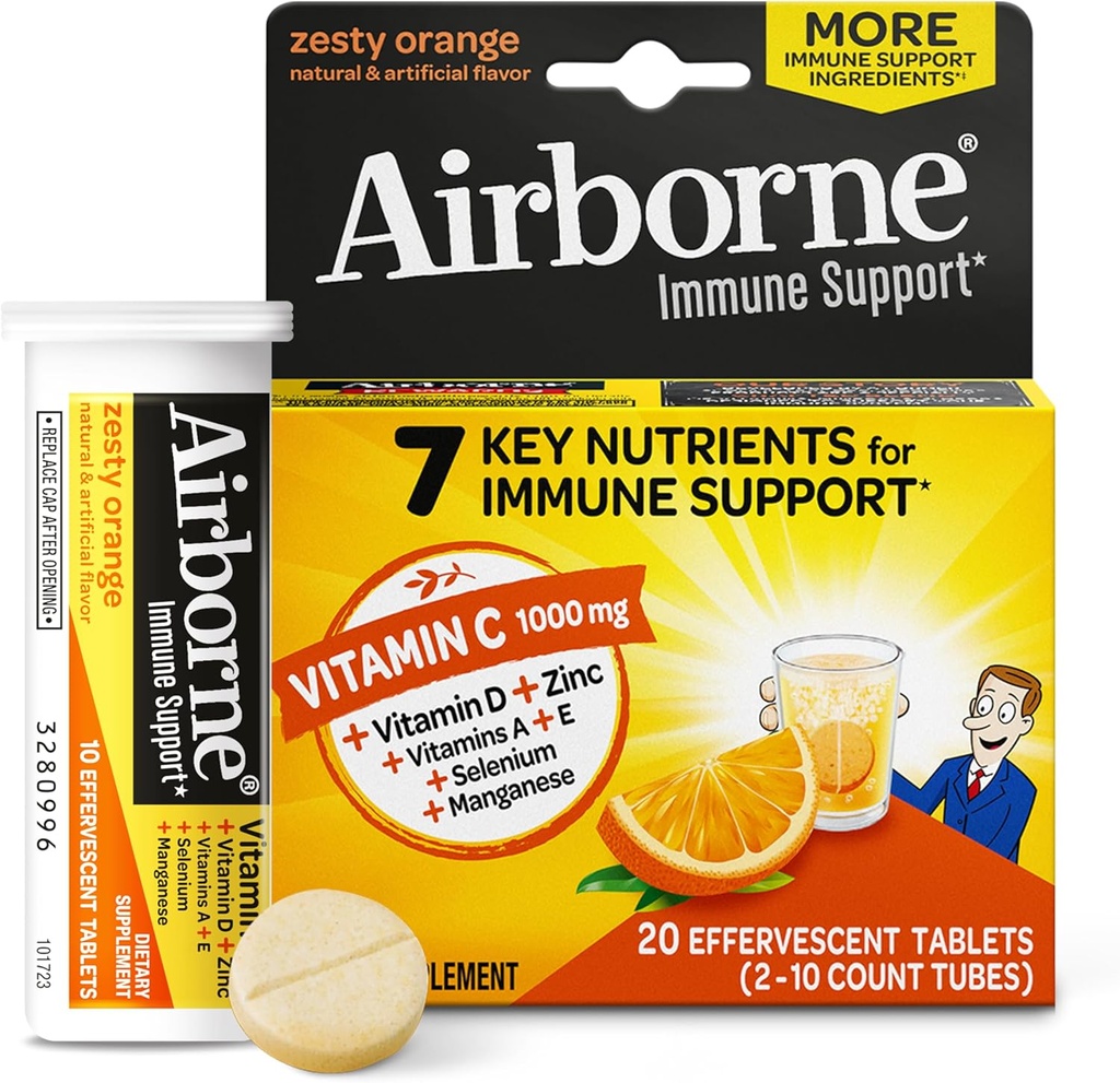 Airborne 1000mg Vitamin C mit Zink-Effervescent Tabletten, Immununterstützung Ergänzung mit leistungsstarken Antioxidantien Vitamine A C & E - 20 Fizzy Trinktabletten, Zesty Orange Flavor
