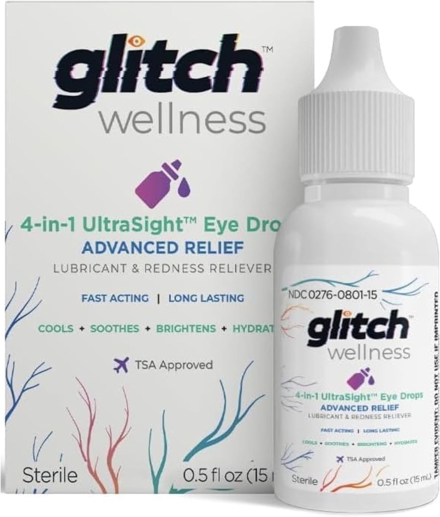 Glitch UltraSight Eye Drops for Dry Eyes 15ml - 4 in 1 Advanced Relief Dry Eye Drops - All Day Comfort with Hydration, Brighting, Cooling - Effectively Soothes Irritation & Dryness - 0,5 Fl Oz