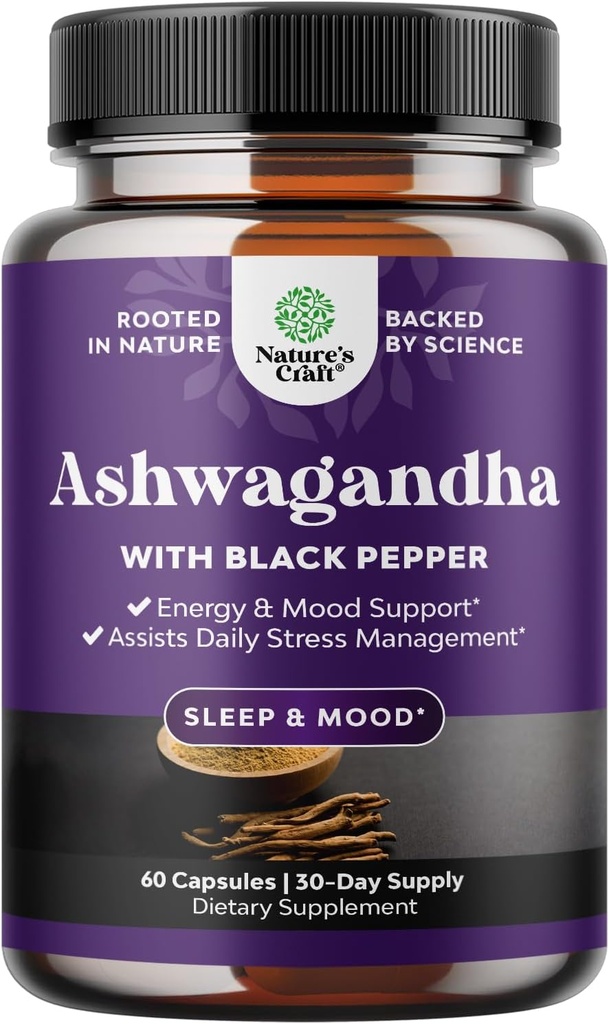 Bio Ashwagandha Root Powder 60 Kapseln - Ashwagandha mit schwarzem Pfeffer Extrakt Pulver Ergänzungen für Entspannung, Schlaf &amp; Immun Unterstützung für Frauen und Männer - Organic Whitania Somnifera Root Supplements