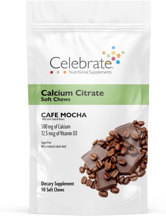 Celebrate Vitamine Bariatric Kalzium Citrate Weichkäse mit Vitamin D3, 500mg, Sugar-Free & Gluten-Free Calcium Citrat für Bariatric Patienten, Cafe Mocha, 90 Graf
