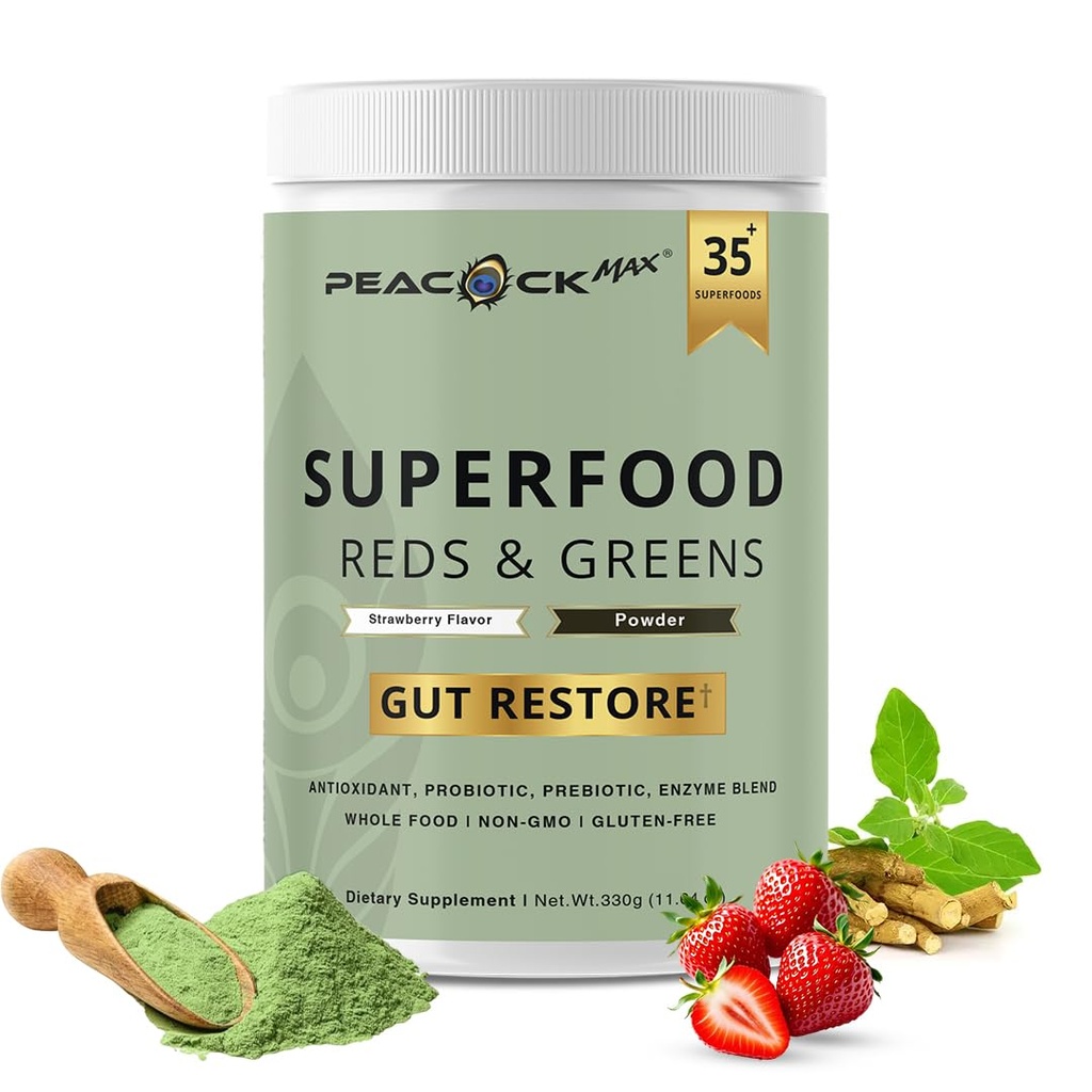 Superfood Reds & Greens Powder - 11.64 oz, Prebiotics & Probiotics for Digestive Health, Super Greens Powder with Ashwagandha for Gut Health, Immunity, Antioxidants, Strawberry Flavor, Vegan, Non-GMO