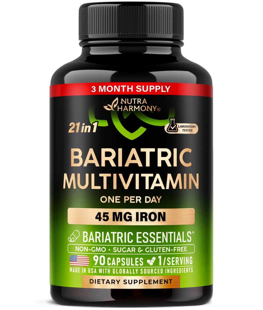 Bariatric Multivitamin - 45 mg Eisen Supplements - Made in USA - für Damen &amp; Herren - All-in-One, 21 Essential Vitamins - Magenhülle Unterstützung - Frei von Zucker, Gluten & Soy - 90 Kapseln, Einmal täglich
