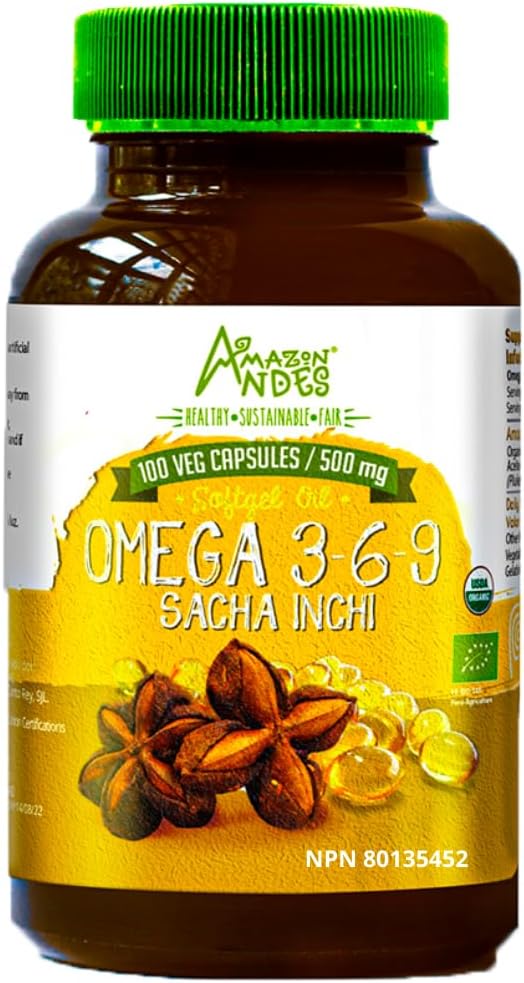 Andes Sacha Inchi Oil Capsules - Source of omegas 3, 6 and 9 - Healthther Source of Essential Fatty acids - Vegan, Non-GMO, Allergen- free & Gluten Free - 100 Softgel Pills (500mg) - Peruban készült