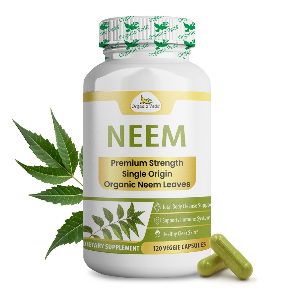 Bio Veda Neem Kapseln, 1000mg - Organische Kräuter-Ergänzung Hergestellt mit Ayurveda Neem Blatt Pulver - Unterstützt Radiant Haut, Immune, Detox, Gesunde Entzündungsreaktion - 120 Veggie Kapseln