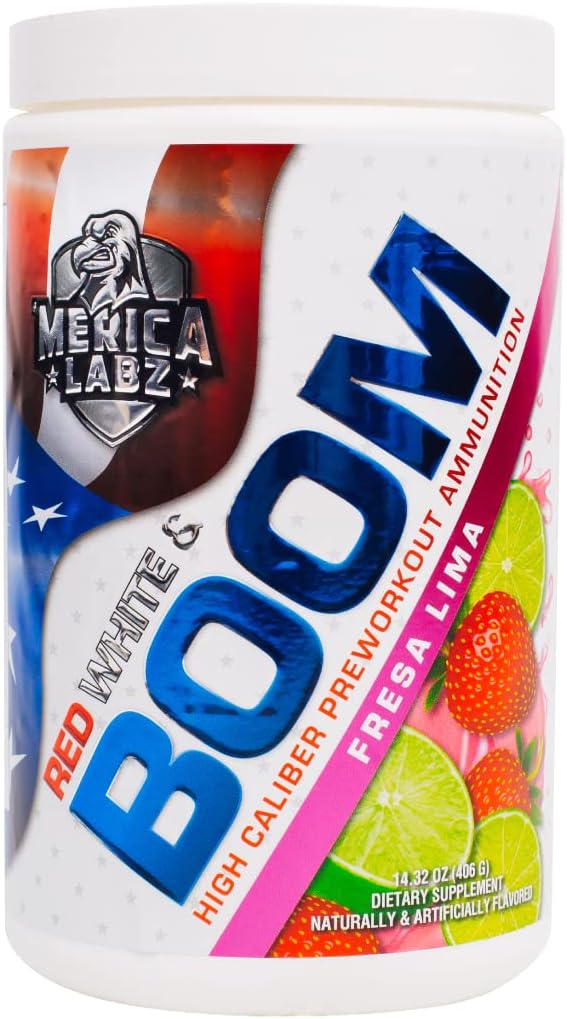'Merica Labz Red, White, and Boom, High Caliber Pre Workout with VasoDrive- AP ®, 350mg koffein, Max Energy, Pump and Focus, Faster Blood Flow and Muscle Volume, 20 Servings (Frema Lima)