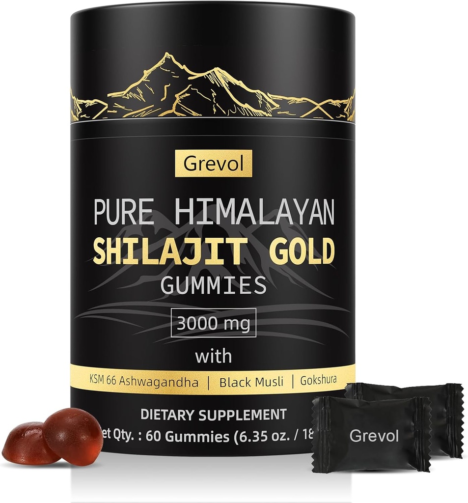 Himalayan Shilajit Gummie: Gold Grade Shilajit mit Ashwagandha Fulvic Acid & 85+ Trace Minerals angereichert - kein hinzugefügter Zucker - Individuell Wrapped - für Männer & Frauen - 60 Gummy