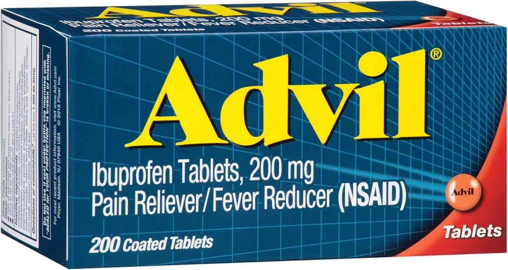 Advil Pain Reliever und Fever Reducer, Schmerzrelief Medizin mit Ibuprofen 200mg für Kopfschmerzen, Rückenschmerzen, Menstruationsschmerzen und Gelenkschmerzen Relief - 200 Coated Tablets