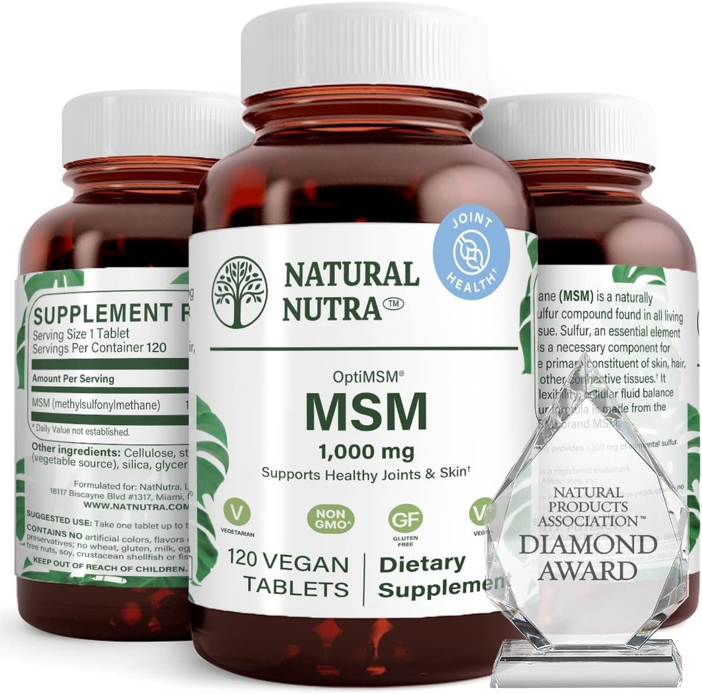 Natural Nutra OptiMSM, MSM kiegészítés kénnel, a vékonyabb haj megelőzése, a közös rugalmasság és a csontegészség növelése, porc egészség, segíti a folyadék egyensúly, 1000 mg, (120) Vegán tabletta