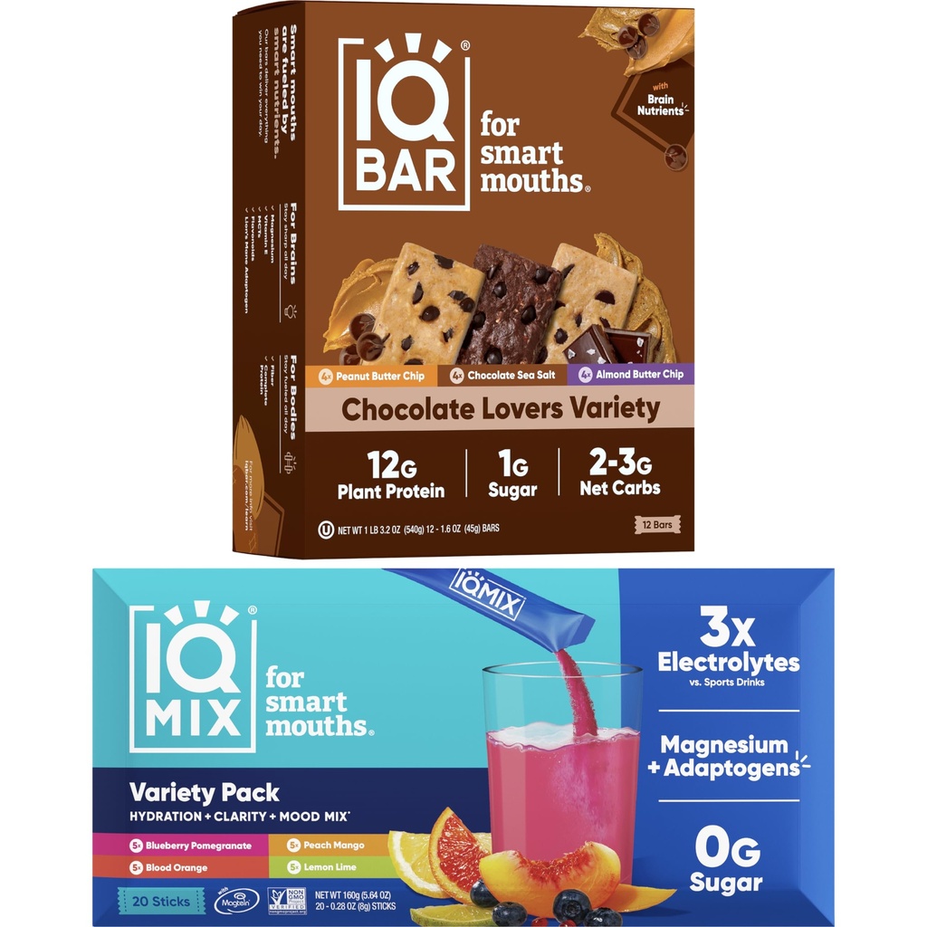 IQBAR Brain and Body Keto Protein Bars - 12 Count Chocolate Lovers Variety Low Carb, Vegan Bars & IQMIX Sugar Free Electrolyte Powder Packs - 20 Count Variety Pack Keto Electrolytes oroszlánokkal