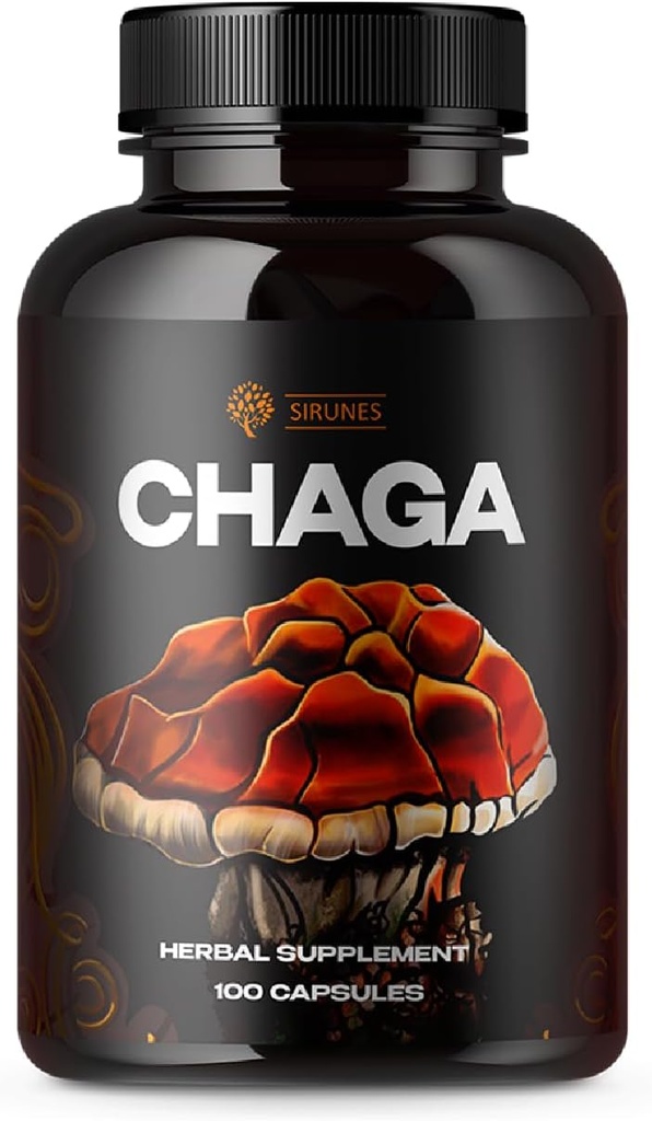 SIRUNES Pilz-Ergänzung Chaga Pilze Kapseln 100 Count – 1000mg natürliche organische Pilze mit Chaga Pilzpulver – Antioxidante Ergänzung für Immununterstützung, Energie Boos