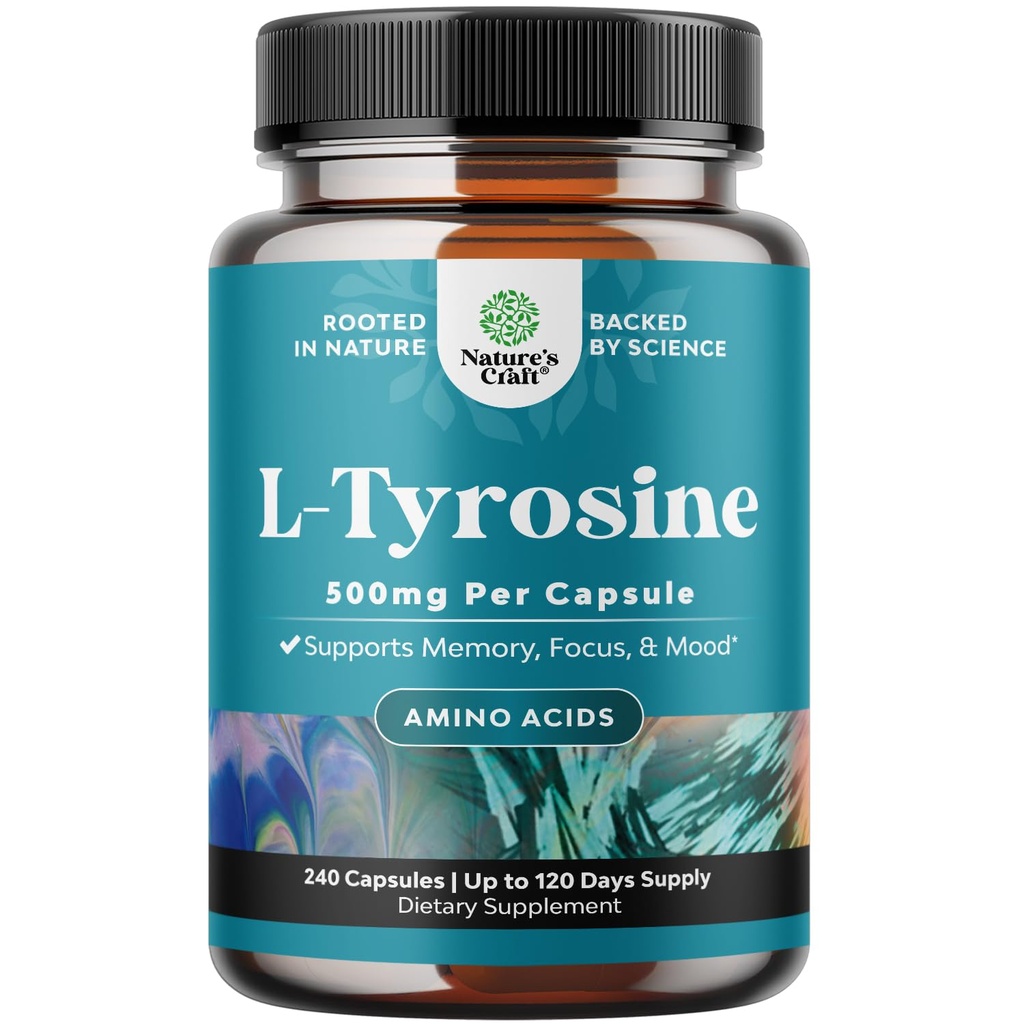 Free Form L Tyrosin 1000mg Pro Servieren - High Strength L-Tyrosine Ergänzung für Energie und Fokus Unterstützung - Aminosäure Nootropic Supplement für Fokus Aufmerksamkeit und Kognition - 240 Zähler