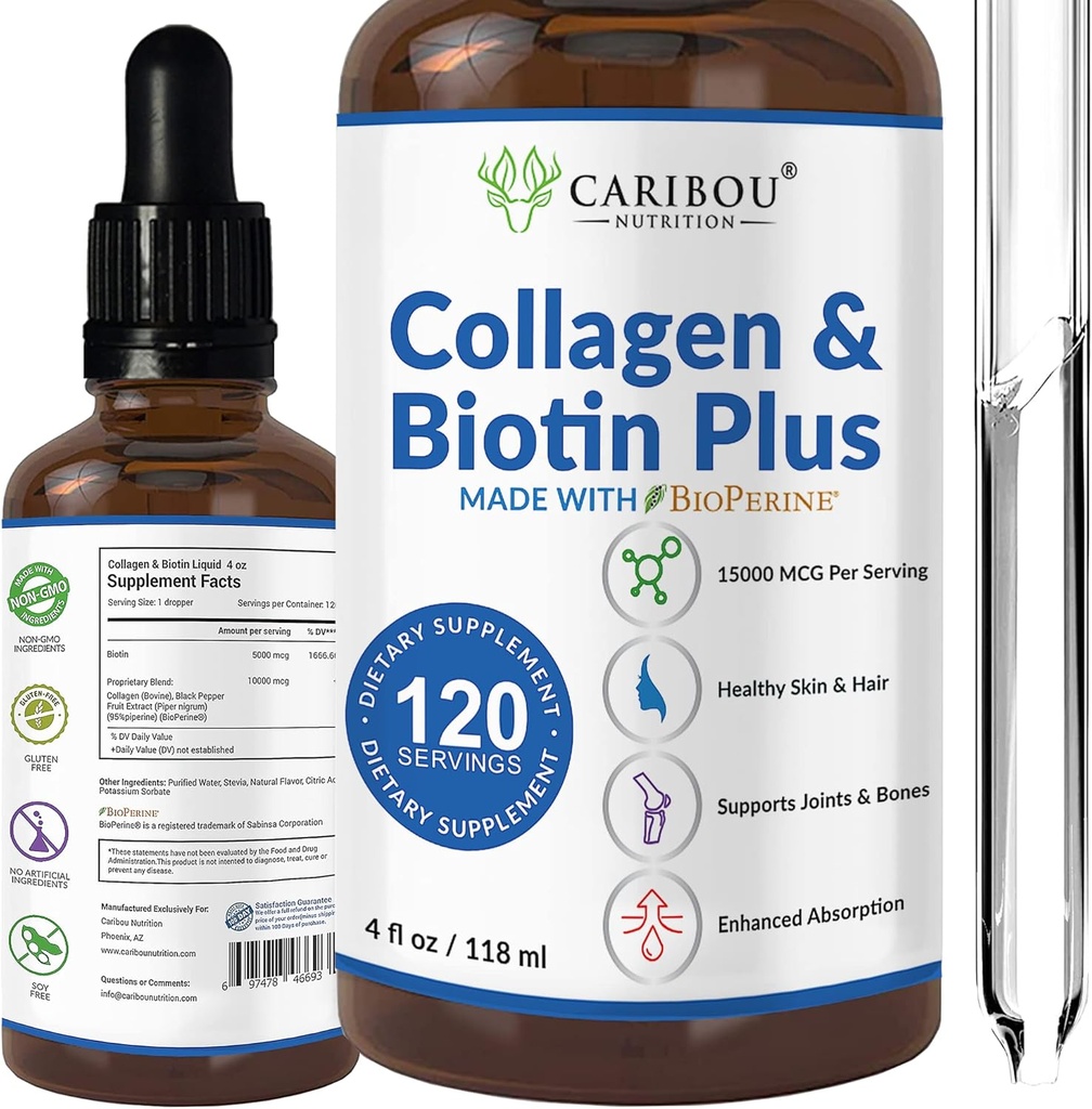 Flüssiges Kollagen & Flüssiges Biotin mit BioPerine zur verbesserten Absorption - 10000mcg Collagen Liquid & 5000mcg Biotin Liquid - Flüssiges Kollagen für Frauen - 4 Monate Versorgung von Biotin und Collagen Ergänzungen
