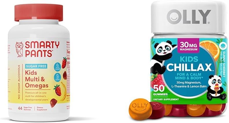 SmartyPants Kids Multivitamin Gummees, Sugar Free: Omega 3 (ALA) & OLLY Kids Chillax, Magnézium Gummies Plus L- Theanine, Lemon Balm, Nyugodt sajtok gyerekeknek 4 +, Sherbet Flavor - 50 Count (1-es csomag)