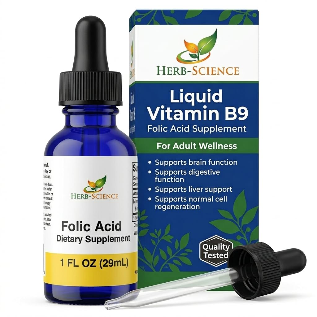 Flüssiges Vitamin B9 Folsäure-Ergänzungen - VIT B Tropfen für Gehirn & Verdauungsfunktion, Leberunterstützung - Glutenfrei, Non-GMO, Vegan - Nahrungsergänzungsmittel für Erwachsene - 1 fl. oz.