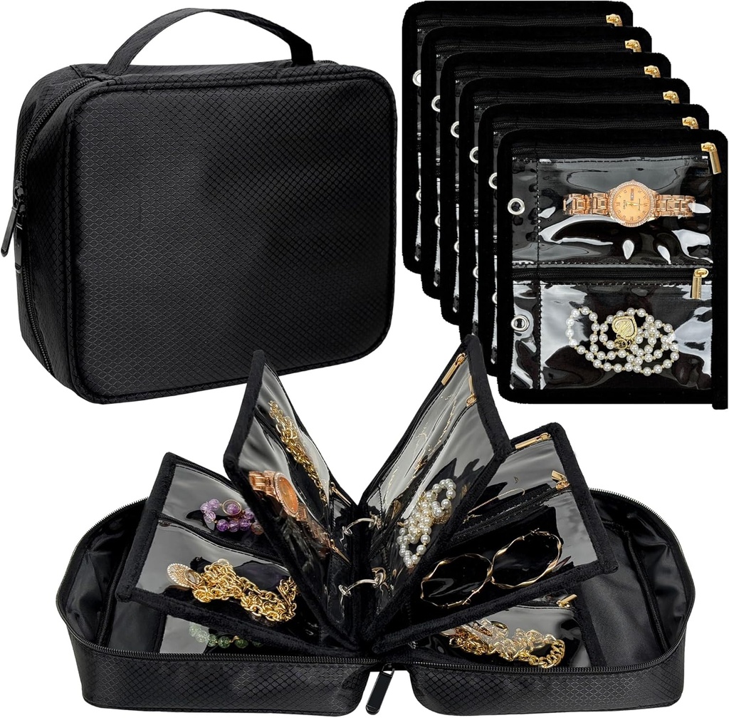 Reise Schmuck Organizer Case,Schmuckbeutel für Reisen, Schmuck Binder mit 24 Stk klar Reißverschluss Velvet Pouches zum Speichern von Ohrringe, Ringe, Halskette, Armband, Uhr (schwarz)