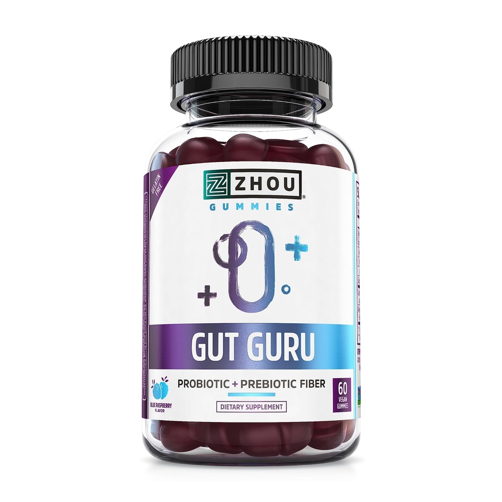Zhou Gut Guru - Gut Health Gummies für Männer und Frauen, Präbiotische und probiotische Faserergänzung für Verdauung und Gutgesundheit - 60 Vegan Gummies