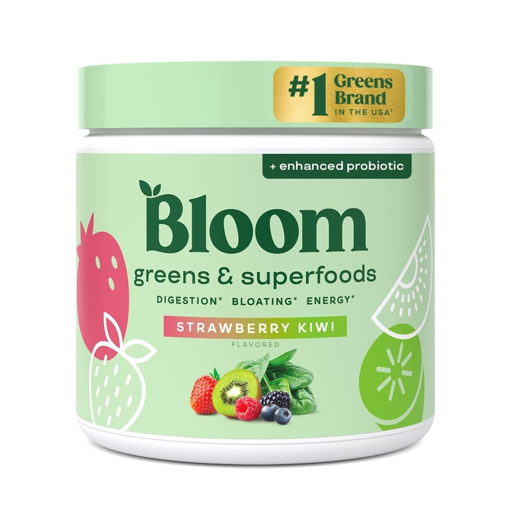 Bloom Nutrition Greens and Superfoods Powder for Digestive Health, Greens Powder, Digestive Enzyme, Probiotics, Spirulina, Chlorella for Bloating & Gut Support, Green Juice, 30 SVG, Erdbeer Kiwi