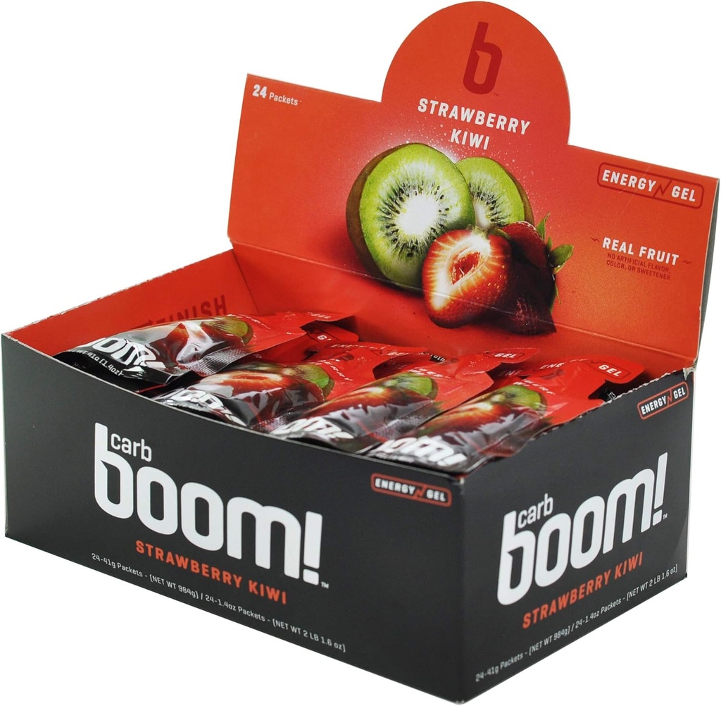 Boom Nutrition - Carb Boom Energy Gel - Fruit-Flavored Energy Gels - Workout Gel - Energy Gel für Radfahren - Running Gel - Natural Energy Gel - Erdbeer Kiwi (24 Pack)