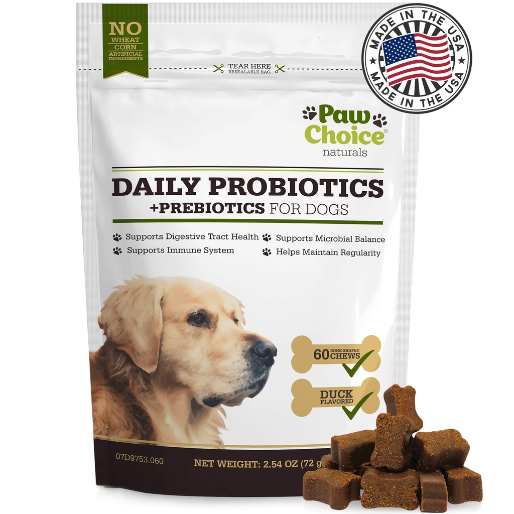 Paw Choice Probiotics für Hunde mit Präbiotika - Daily Chews für Gut Gesundheit, Verdauung, Regelmäßigkeit und Immununterstützung - Natürliche Ergänzung Treat Made in USA