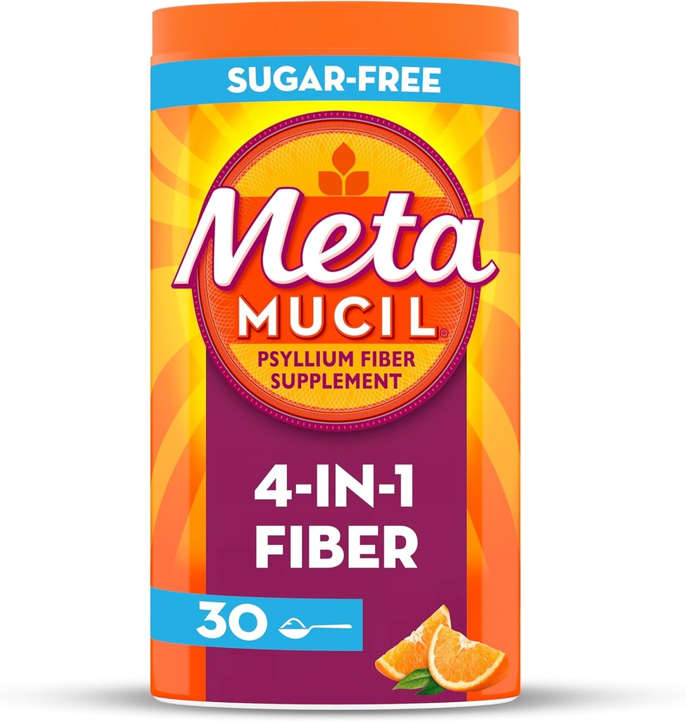 Metamucil 4 in 1 Tagesfaser-Ergänzungs-Pulver, Faserpulver für Verdauungs- und Regelmäßigkeit*, Sugar-Free, Orange, Natürlich Sourced Psyllium Fiber, 30 Teelöffel