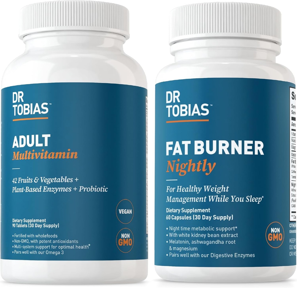 Dr. Tobias Fat Burner Nightly & Adult Multivitamin unterstützt Energie, Immunität und Stoffwechsel mit Ashwagandha. 42 Früchte & Gemüse mit Probiotika, Grüne Kaffeebohnen Extrakt, Non-GMO, 30 Tage Versorgung