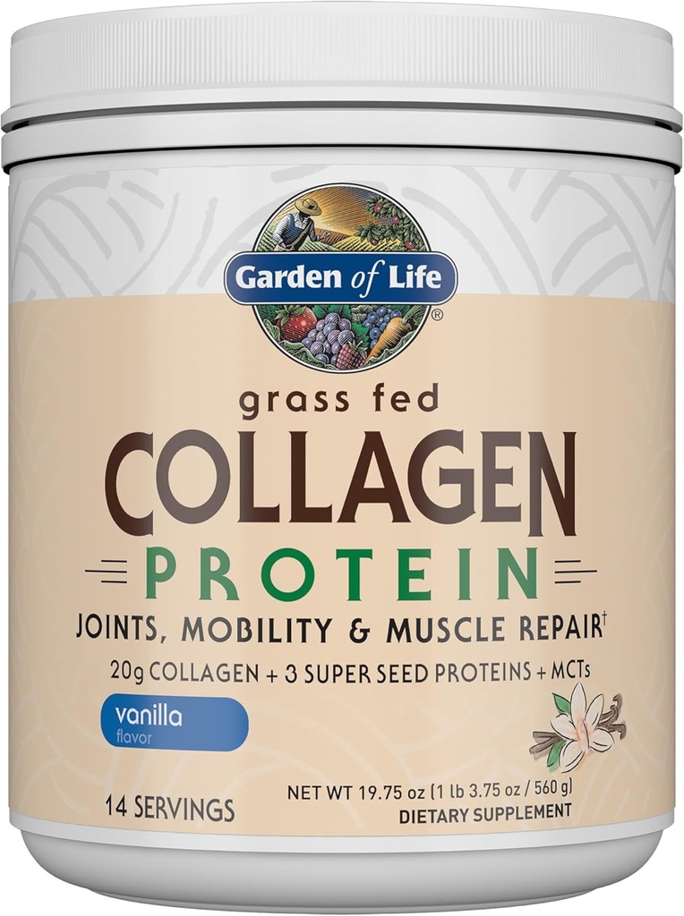 Kert az élet fű Fed Collagen fehérje por - Vanilla, 14 szervizek, Powder for Joints Mobility Izom Javítás, Collagen Peptides + Super Seeds + Kókusz MCT, Keto kiegészítés