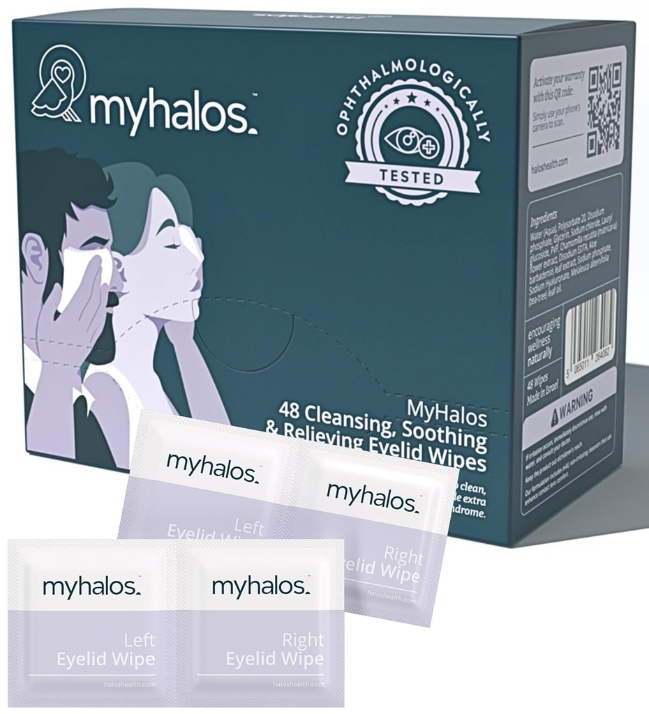 MyHalos ® 48 Hidratáló szemtörlők száraz szem enyhítésére - Nedvesítő és szappanosító szemtörlők Tea Fa - Segít a Blepharitis & Computer Vision szindróma, Blepharitis kezelés szemhéjak, Cleanser