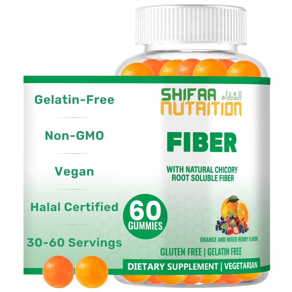 SHIFAA NUTRITION Halal & Gluten Freie Fiber Gummis für Kinder & Erwachsene | 4g, 30-60 Servierungen | 60 Gummies | Verbessert Verdauungsgesundheit, Immunität & Gut Gesundheit | Vegan Prebiotic | Non-GMO, Gelatin-Free