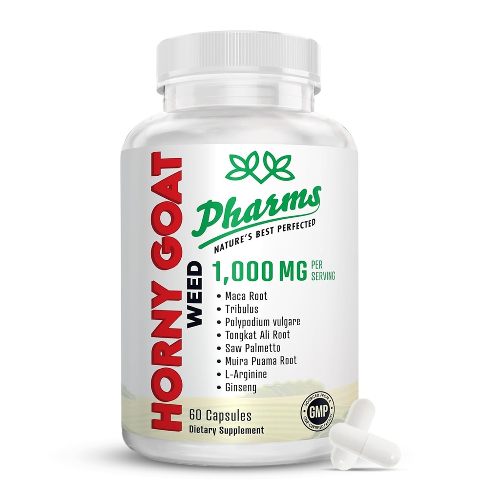 PHARMS Hornygoatweed für Herren & Frauen (1.000 mg) - Energy & Stamina Kapseln mit Maca Root, Tribulus, Tongkat Ali, Saw Palmetto & Ginseng - Female & Male Performance Enhancing Supplement - 60 Kapseln