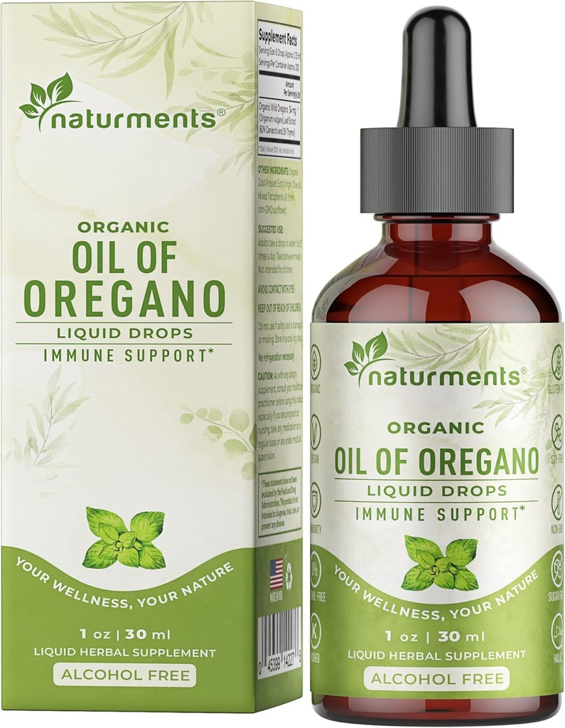 Naturments Oregano Öltropfen für Immununterstützung & Gut Health. Vegan, Non-GMO, Sugar Free & Gluten Free Organic Wild Mediterranean Oregano Öl mit Bio Extra Virgin Olivenöl - 1 Fl Oz 30 Ml