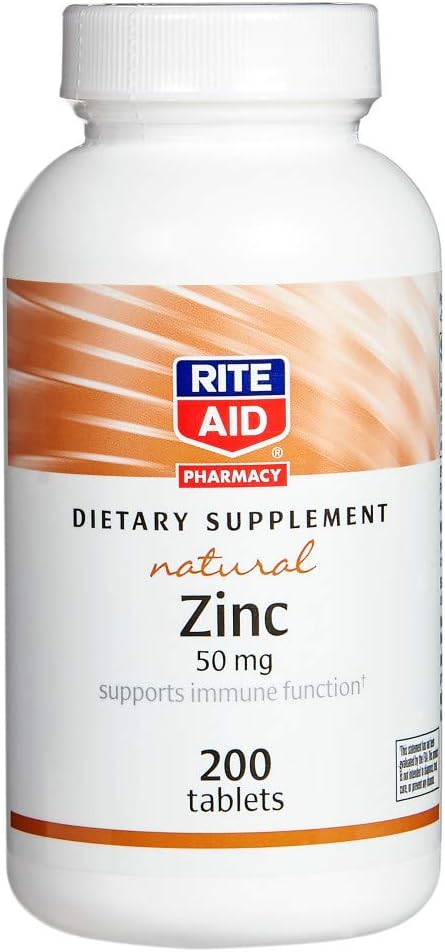 Rite Aid Natural Zinc, 50 mg, 200 Tabletten - Unterstützt Immunfunktion - Zink-Ergänzungen - Vitamin-Ergänzungen - Natürliche Zink-Ergänzung - essentielles Mineral für Antioxidantien-Gesundheit - Easy-to-Swallow