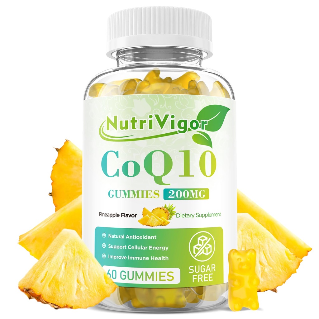 CoQ10-Gummien, Coenzym Q10-Ergänzung 200 mg, Hohe Absorption CoQ10-Ergänzung für Zelluläre Energie und Immungesundheit, Vegan, Glutenfrei, Ananasflamme, 60 Zähler