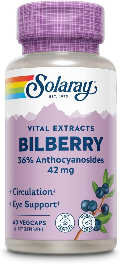 SOLARAY Bilberry Berry kivonat 42 mg, Eye Health & Circulation Support, 36% Antocianozidok, Vegan, 60 VegCaps