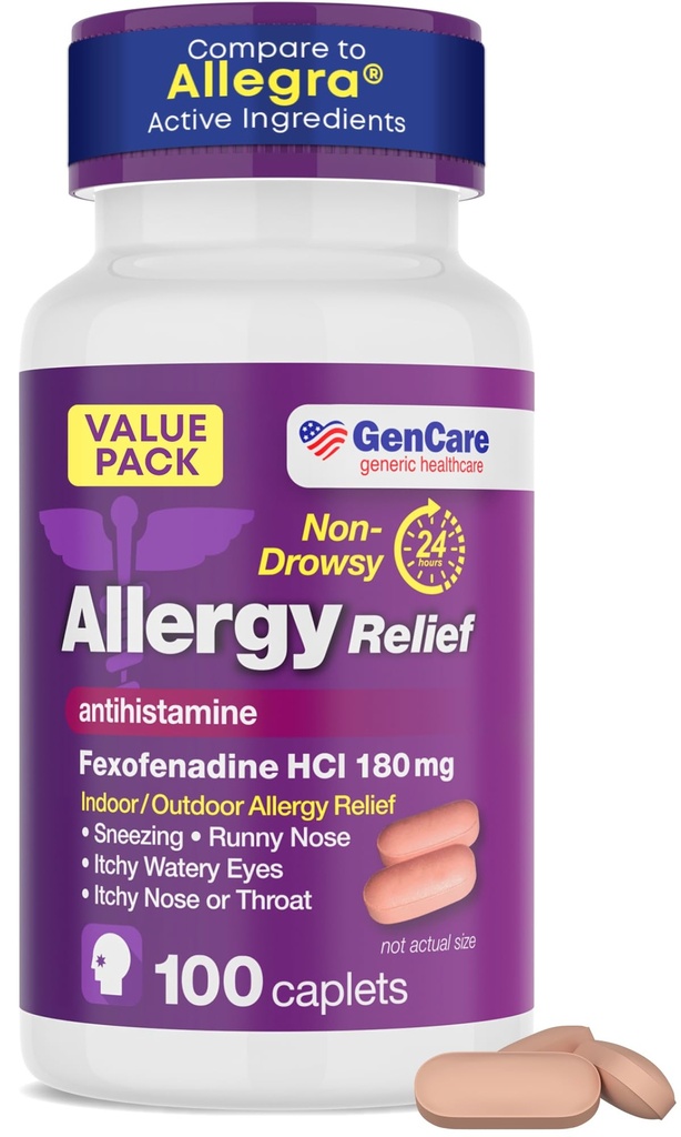 GenCare Allergy Relief Pillen - Fexofenadine 180mg 24 Hour Non-Drowsy Allergy Medicine Antihistamine, vergleichen Sie mit Allegra 24 Hour Non Drowsy Pillen für Itchy Eyes, Runny Nose, Hives (100 Zähler)
