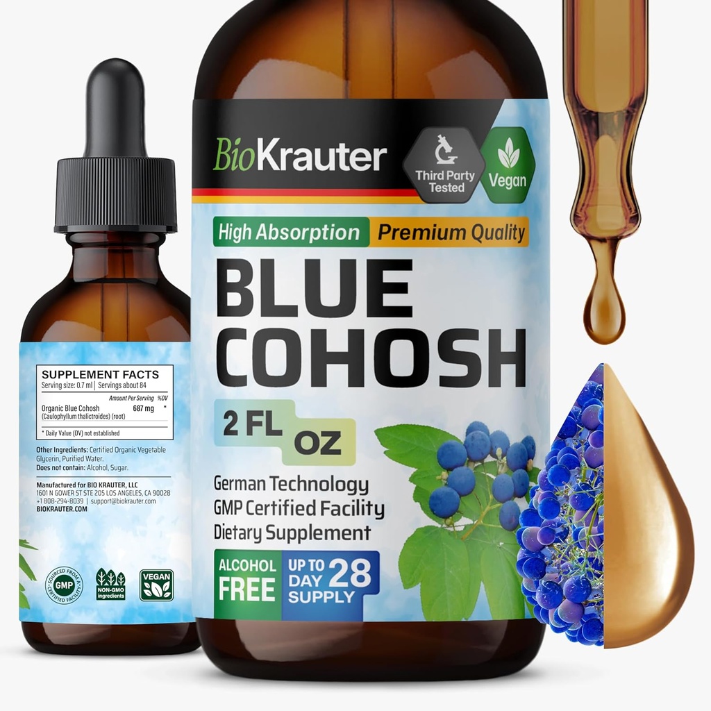 BIO KRAUTER® Menopause Supplements für Damen* - Blaue Cohosh Tincture 2 Fl.Oz 28 Tage Supply - Vegan Blue Cohosh Extract for Menopause Support - Alkohol &amp; Zucker kostenlos - Relaxation & Frauen Wellness