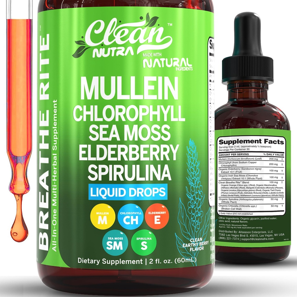 Mullein Drops for Lungs Liquid Chlorophyll Mullein Leaf Extract Supplement Elderberry Sea Moss Spirulina Chlorella Lobelia Marigold Licorice Marshmallow Lung Detox Cleanse Tincture Men Women 2 fl oz