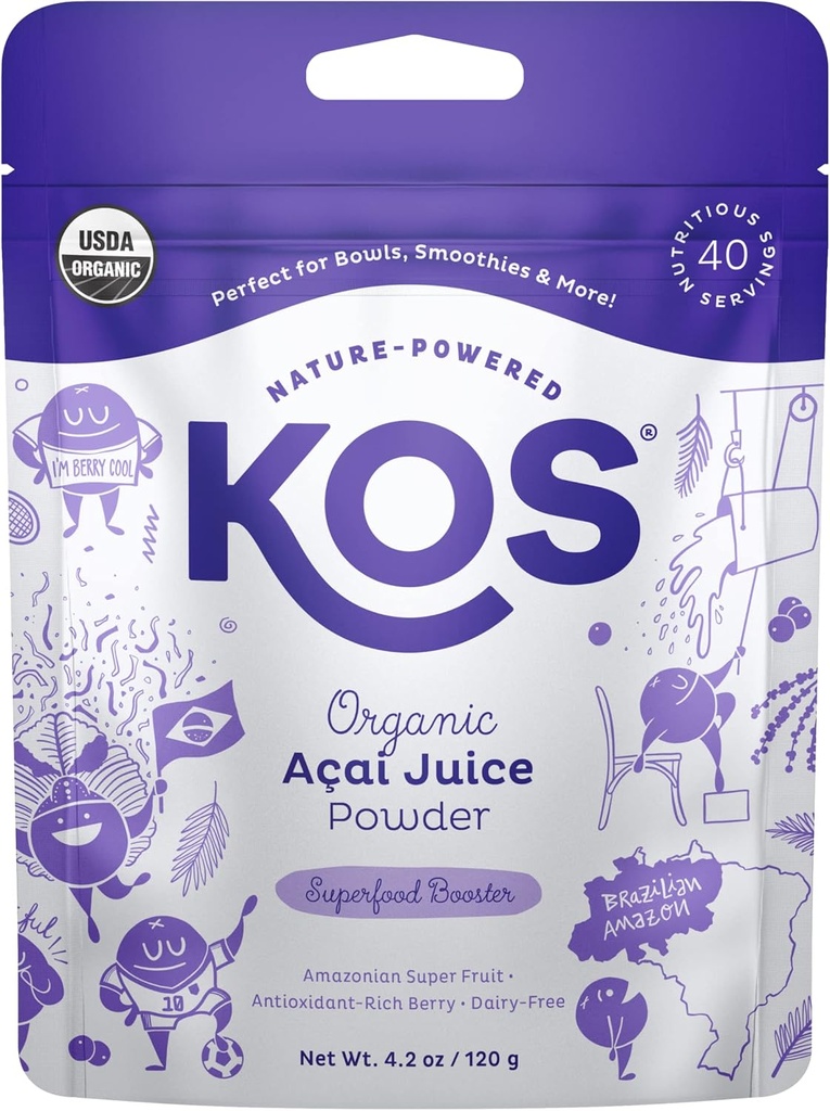 KOS USDA Organic Acai Powder, Unsweetened Superfood - Natürliche Antioxidantien, Acai Berry für Smoothies und Schalen - Polyphenol Abundant, Glutenfrei, Non-GMO, Klimafreundliche wiederverschließbare Tasche, 40 Servierungen