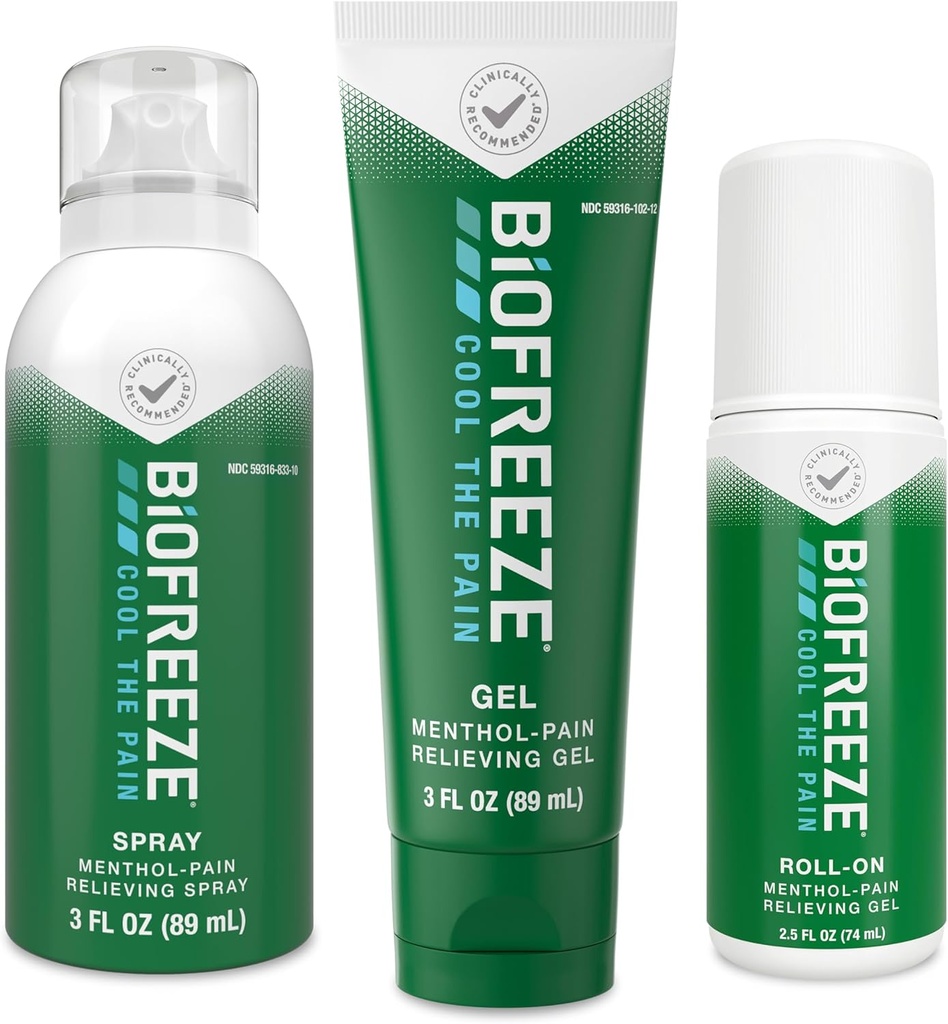 Biofreeze Schmerzlinderung Roll-On 2.5 FL OZ, Gel 3 FL OZ, Und Spray 3 FL OZ Variety Pack topische Schmerzlinderung für Muskeln und Gelenke von Arthritis, Backache, Strains, Bruises, Sprains (Package May Vary)